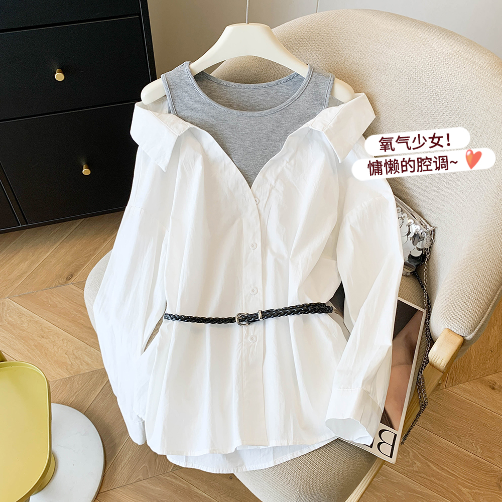 MY12782# 法式气质收腰露肩假两件白色长袖设计感初秋衬衣上衣女裝貨源服裝批發