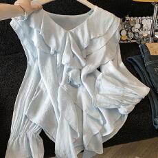 批发<b class='q'>婴儿</b>蓝娃娃衫2026春夏女装法式浪漫荷叶边V领宽松温柔超仙的<b class='q'>上衣</b>