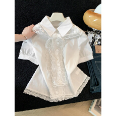 批发2026新款韩系小清新温柔百搭下摆<b class='q'>蕾丝</b>设计配围巾衬衫