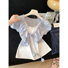 批发morning bloom撞色系绳假两件短袖<b class='q'>T</b><b class='q'>恤</b>女夏季小个子短款蝴蝶结上衣