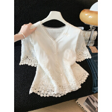 批发广州十三行女装~法式气质蕾丝v领白色衬衫~夏季刺绣镂空提花上衣