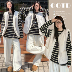 批发秋冬韩版设计感羊羔毛两面穿马甲+磨毛打底<b class='q'>T</b><b class='q'>恤</b>加绒阔腿裤<b class='q'>孕妇</b><b class='q'>套装</b>