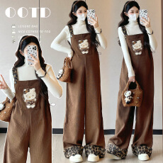 批发实拍高品质原创秋冬新款针织打底卡通孕妇加绒时尚<b class='q'>背带裤</b>孕妇套装