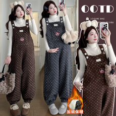 批发现2025年<b class='q'>韩版</b>高品质针织打底毛绒卡通孕妇加绒时尚<b class='q'>背带裤</b>孕妇套装