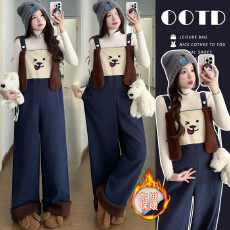 现~实拍高品质2025新款针织打底卡通孕妇加绒时尚背带裤孕妇套装