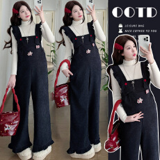 批发2025年秋冬新款高品质针织打底+孕妇加绒时尚背带裤孕妇套装