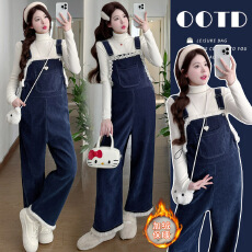 批发实拍2025原创高品质针织打底孕妇加绒时尚毛边花边背带裤孕妇套装