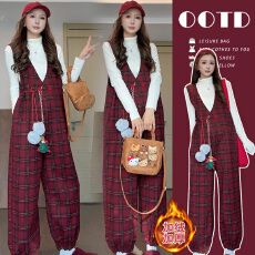 2025年圣诞新款高品质针织打底+孕妇加绒格纹时尚背带裤孕妇套装