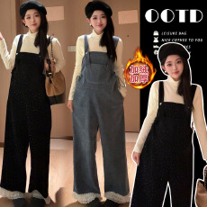 批发现原创2025秋冬高品质针织打底<b class='q'>孕妇</b><b class='q'>加绒</b>时尚烫钻背带裤<b class='q'>孕妇</b><b class='q'>套装</b>