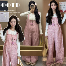 批发原 创现时尚春秋新款豹纹减龄可爱<b class='q'>孕妇</b><b class='q'>背带裤</b>+打底上衣两件套