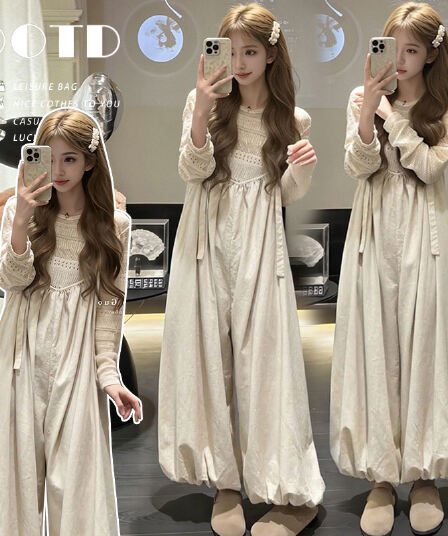 2026 년 이른 가을 새로운 니트 맨위 캐주얼 멜빵 바지 꽃밭 바지 임산부 느긋한 바람 투피스 세트 세트