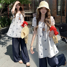 批发2026年夏季慵懒感宽松孕妇泡泡袖上衣+孕妇<b class='q'>休闲</b>长裤松弛感两件套