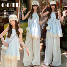 2026年夏季新款甜美无袖上衣+孕妇气质蕾丝阔腿裤两件套