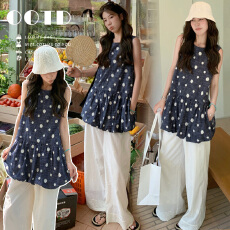 2026年夏季新款无袖圆领复古波点花苞上衣+孕妇休闲阔腿裤两件套