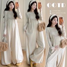 批发实拍 现现2026年<b class='q'>春</b>夏针织上衣+休闲背带裤花苞裤孕妇慵懒风两件套