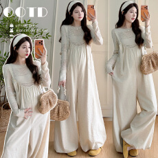 批发实拍 现现2026年<b class='q'>春</b>夏针织上衣+休闲背带裤花苞裤孕妇慵懒风两件套