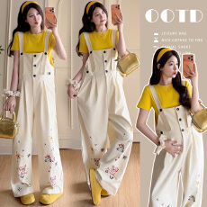 批发实拍 现现2026年<b class='q'>春</b>夏正肩圆领T恤+刺绣重工背带裤孕妇洋气两件套