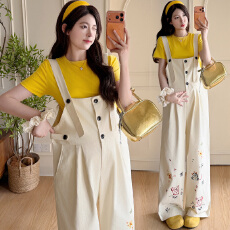 批发实拍 现现2026年<b class='q'>春</b>夏正肩圆领T恤+刺绣重工背带裤孕妇洋气两件套