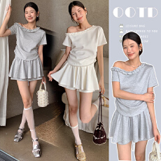 批发2026年夏季新款 韩版设计感斜肩孕妇<b class='q'>T</b><b class='q'>恤</b>+百搭<b class='q'>裤</b>裙孕妇<b class='q'>两件</b>套