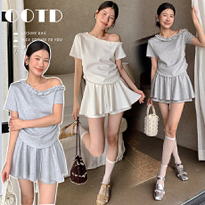 批发2026年夏季新款 韩版设计感斜肩孕妇<b class='q'>T</b><b class='q'>恤</b>+百搭<b class='q'>裤</b>裙孕妇<b class='q'>两件</b>套