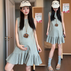 批发夏季<b class='q'>新款</b>韩系减龄时髦气质无袖孕妇中长款百褶连衣裙