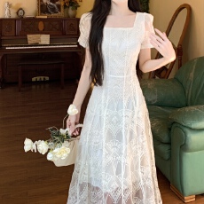 批发实拍方领连衣裙女2025夏新款高级感法式复古温柔风<b class='q'>欧根纱</b>长裙