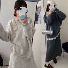 批发蕾丝拼接蝴蝶结毛衣女秋季大码胖MM显瘦宽松休闲针织半身裙两件套