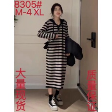 批发法式慵懒风复古连帽针织连衣裙女秋冬时尚宽松气质休闲条纹毛衣裙