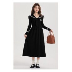 批发2025秋冬季海军领针织<b class='q'>连衣裙</b>女新款秋冬装学院风裙子显瘦掐腰长裙