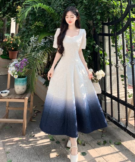 실사 광장 칼라 여성 드레스 2026 여름 새로운 고급 센스 슬림해 보이는 품격 출퇴근 그라데이션 색상 길다 치마