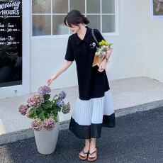 批发2026夏季新款韩版简约<b class='q'>通勤</b>大码中长款针织拼接短袖POLO领连衣裙