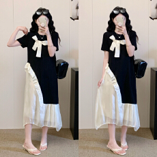 批发超好看设计减龄蝴蝶结<b class='q'>假两件</b>连衣裙女2026夏新款撞色花边拼接长裙