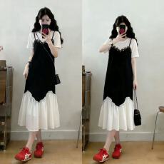 批发大码<b class='q'>女</b>装2026夏新款胖mm贝壳流苏时尚轻奢气质拼接显瘦中长连衣裙