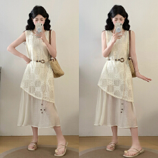 批发法式无袖假两件无袖背心连衣裙女夏2026新款气质漂亮<b class='q'>长裙</b>爆款流行