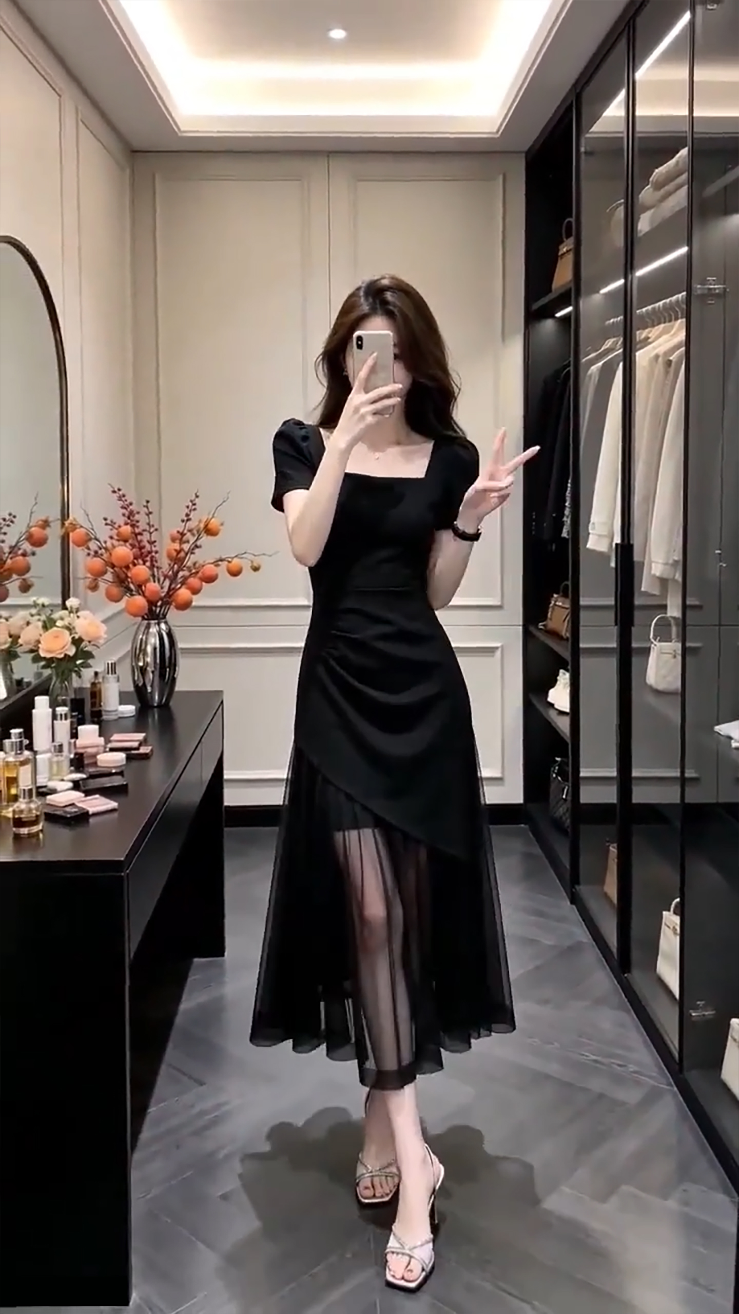 프랑스식 광장 칼라 검정색 반팔 망사 드레스 아이들 여름 2026 새로운 아름다운 아니요 명중 섹션 허리 수축 롱 스커트