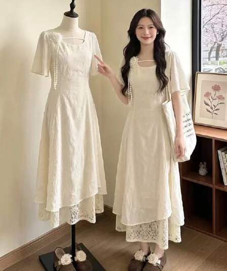 프랑스식 부드러운 바람 3 차원 꽃 광장 칼라 드레스 2026 새로운 데이트 살구 색상 여름 허리 수축 슬림해 보이는 치마
