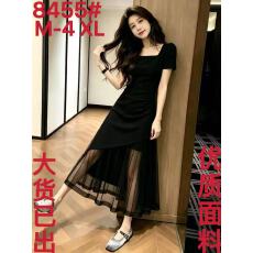 批发2026新款法式方领黑色短袖<b class='q'>连衣裙</b>子女装夏季特别漂亮掐腰网纱长裙