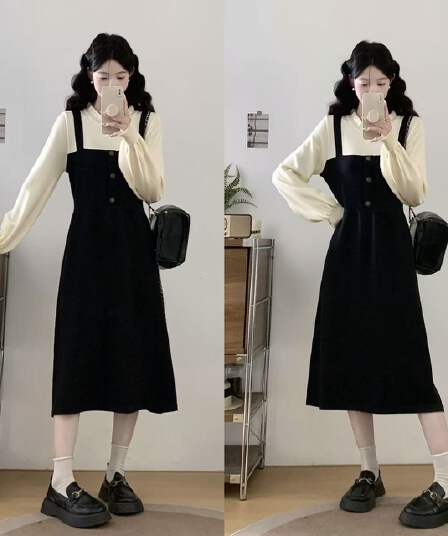 프랑스식 그는 벤 작은 샤넬 스타일 페이크 레이어드 패치워크 허리 수축 품격 롱 스커트 만나는 검정색 니트 여성 드레스 가을 겨울