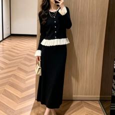 批发2026木耳边针织开衫<b class='q'>半身裙</b>套装女春季新款气质上衣长裙两件套