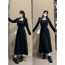 批发<b class='q'>实拍</b> <b class='q'>大码</b><b class='q'>女装</b>新款法式气质方领收腰显瘦长袖连衣裙小黑裙
