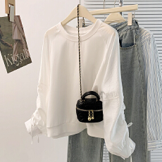 批发<b class='q'>实拍</b>秋新款胖mm设计感洋气减龄插肩抽绳百搭休闲套头<b class='q'>衬衫</b><b class='q'>T</b><b class='q'>恤</b>上衣