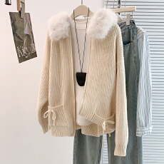 批发实拍秋冬新韩系大毛领连帽长袖针织衫宽松显瘦慵懒高级感毛衣外套