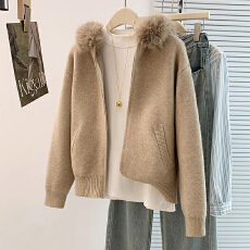 批发实拍秋冬新款韩系大毛领宽松连帽软糯慵懒风开衫毛衣外套针织衫