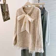 批发实拍秋冬新款法式蕾丝重工钉珠大蝴蝶结正肩显瘦遮屁股针织衫毛衣