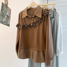 批发实拍秋冬新款设计感撞色拼接洋气减龄木耳边花朵假两件卫衣<b class='q'>T</b><b class='q'>恤</b>