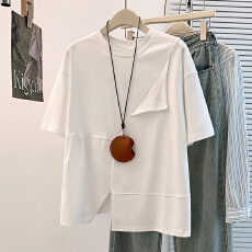 批发实拍夏新款韩版设计感撞色拼接减龄百搭宽松休闲大码显瘦短袖T恤