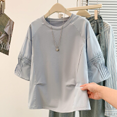 批发实拍夏季新款<b class='q'>韩版</b>设计感洋气减龄撞色拼接蕾丝花边高级感短袖T恤