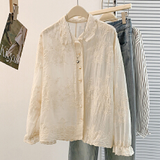 批发实拍2026春夏新款设计感全棉提花减龄百搭大码<b class='q'>开衫</b>衬衫外搭