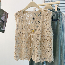 批发实拍夏季新款法式镂空钩花波西米亚减龄百搭亮片<b class='q'>开衫</b>马甲外搭上衣