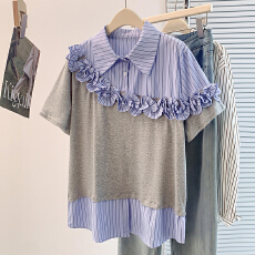 批发实拍夏季新款<b class='q'>韩版</b>设计感减龄撞色拼接高级感<b class='q'>衬衫</b>领显瘦假两件<b class='q'>T</b><b class='q'>恤</b>